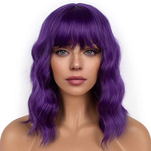 Women Dark Purple Loose Wavy Wig Curly Wavy Shoulder Length Bob - Picture 1 of 3